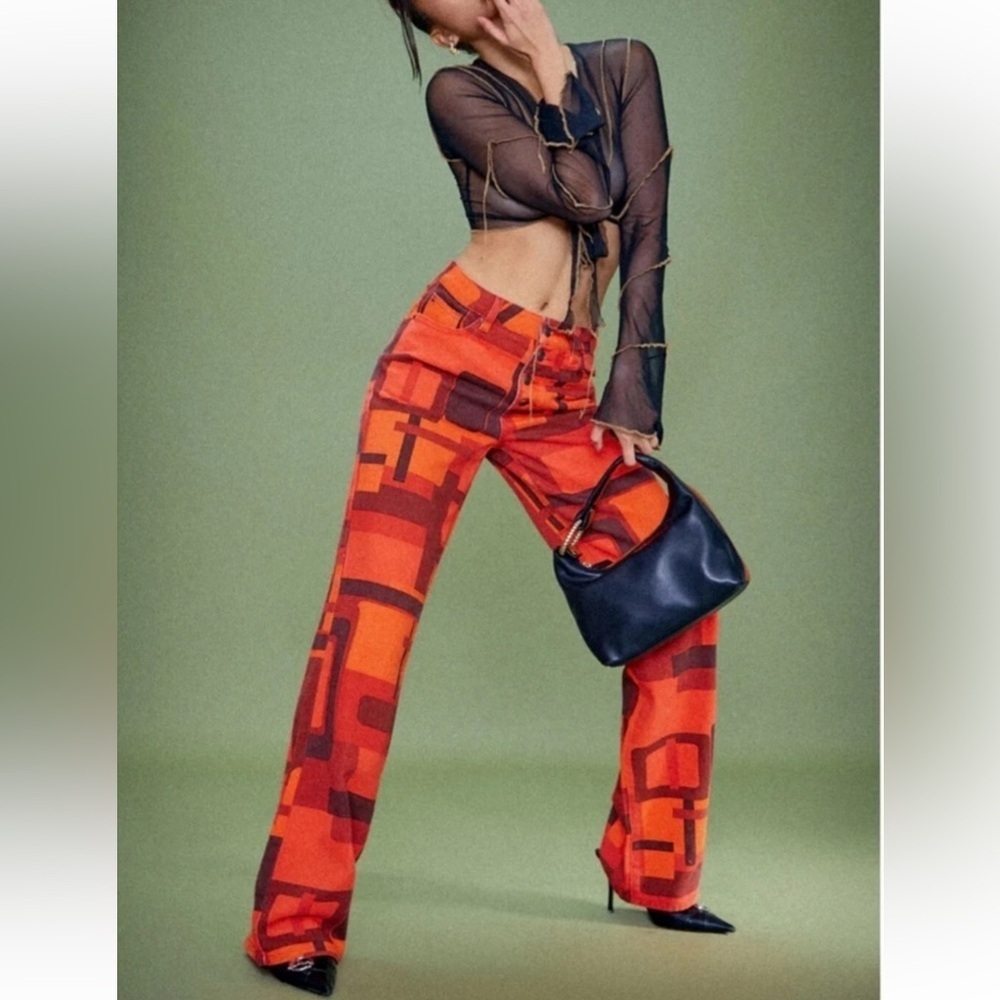 Jaded London Smoke Print Boyfriend Fit Jeans Womens 24 Fiery Square Abstract